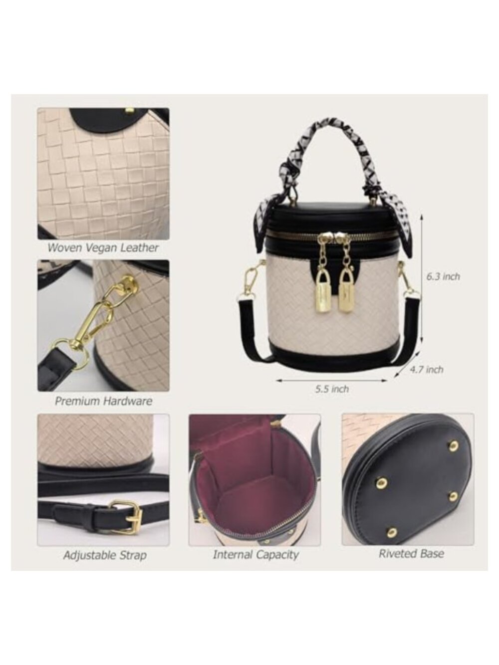 Woven Vegan Leather Crossbody Bucket Bag Mini Top Handle Handbag - Picture 3 of 6